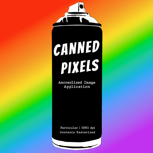can of spray paint that says canned pixels on a rainbow background