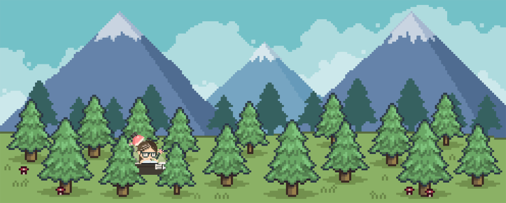 pixelated scene : a girl working at little craft desk w a lamp and prbly an ipad in the forest with a snow-capped mountain range in the back